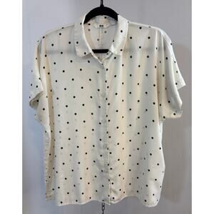 Uniqlo White Black Polka Dot Blouse M Short Sleeve Button Front Career Top
